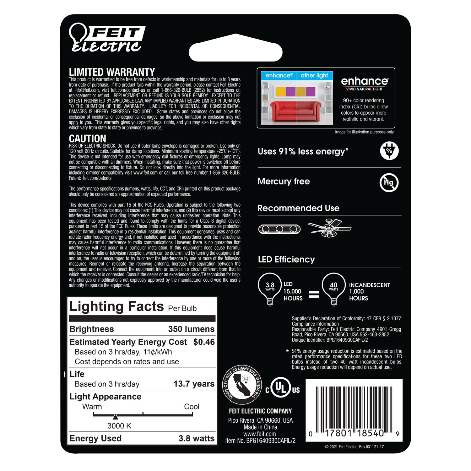 3.8W (40W Replacement) Bright White (3000K) G16 1/2 (E12 Base) Filament LED Bulb (2-Pack)