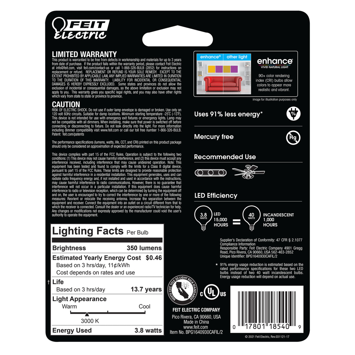 3.8W (40W Replacement) Bright White (3000K) G16 1/2 (E12 Base) Filament LED Bulb (2-Pack)