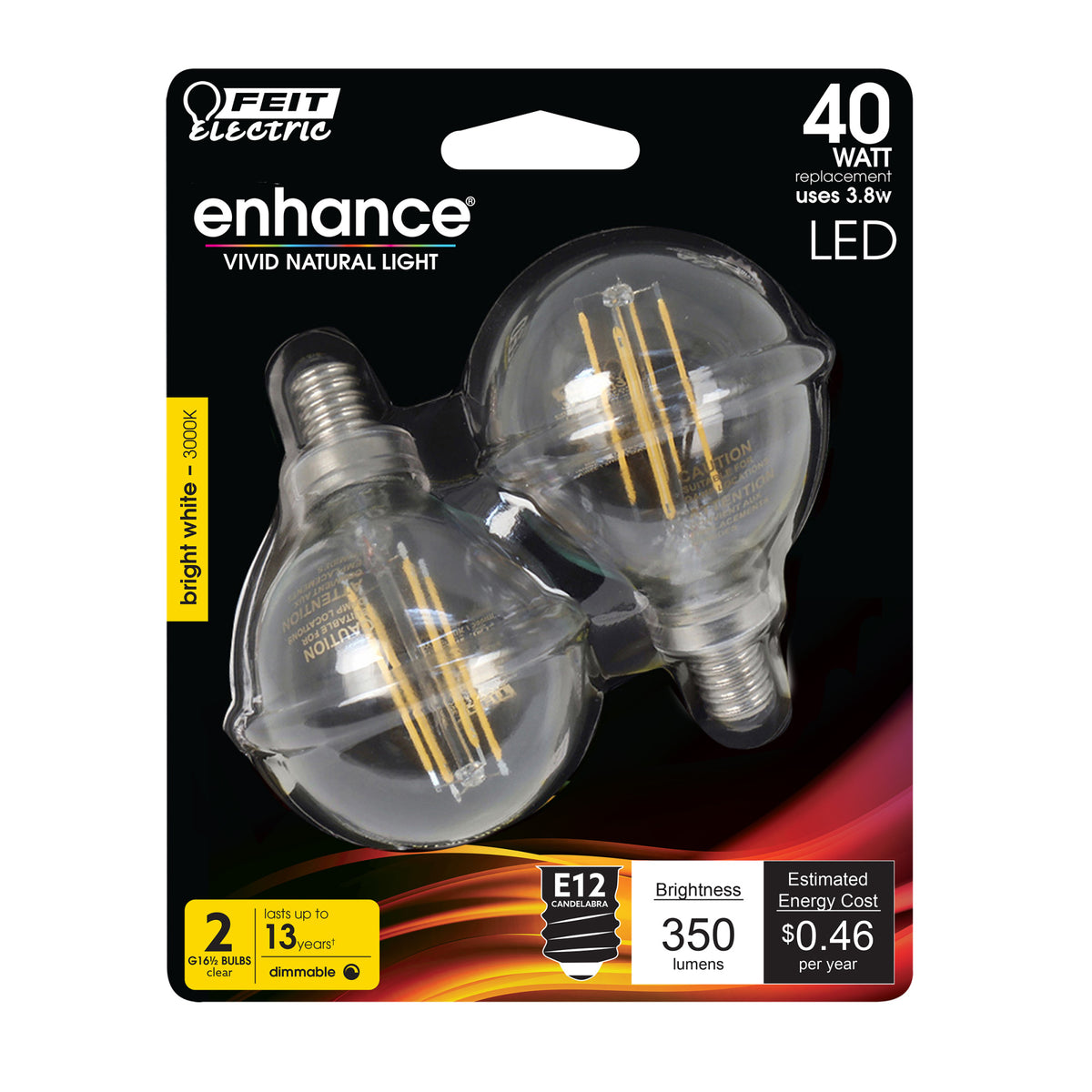 3.8W (40W Replacement) Bright White (3000K) G16 1/2 (E12 Base) Filament LED Bulb (2-Pack)