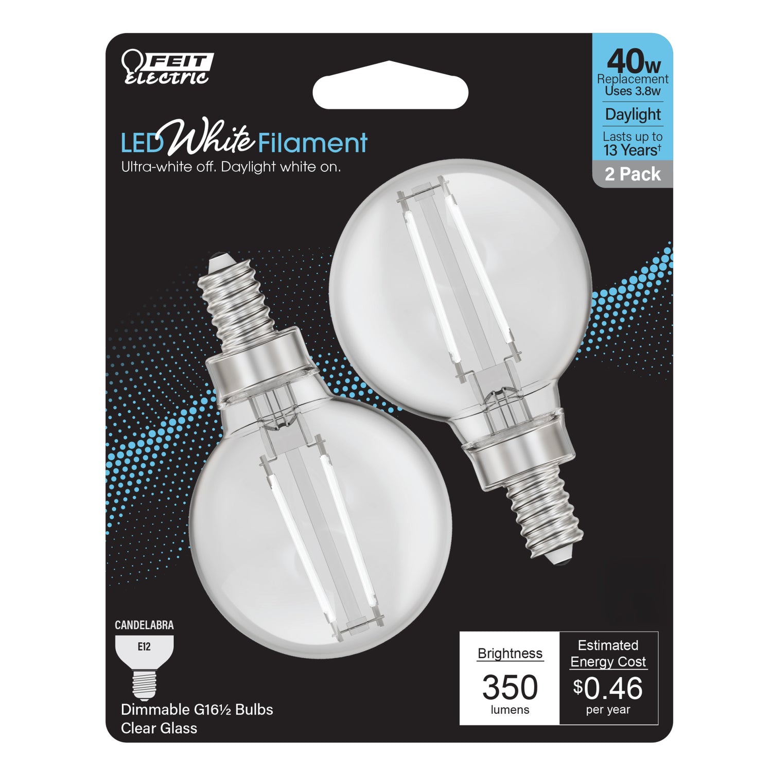 3.8 W (40W Equivalent) Daylight (5000K) G16 1/2 Globe Shape (E12 Base) Exposed White Filament LED Bulb (2-Pack)