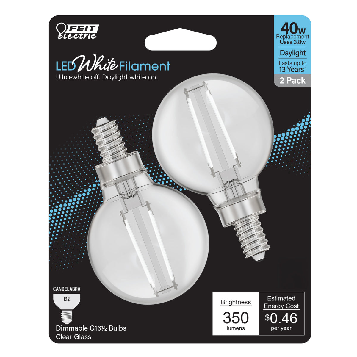 3.8 W (40W Equivalent) Daylight (5000K) G16 1/2 Globe Shape (E12 Base) Exposed White Filament LED Bulb (2-Pack)
