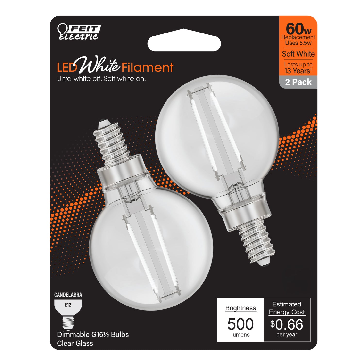 5.5W (60W Equivalent) Soft White (2700K) G16 1/2 Globe Shape (E12 Base) Exposed White Filament LED Bulb (2-Pack)