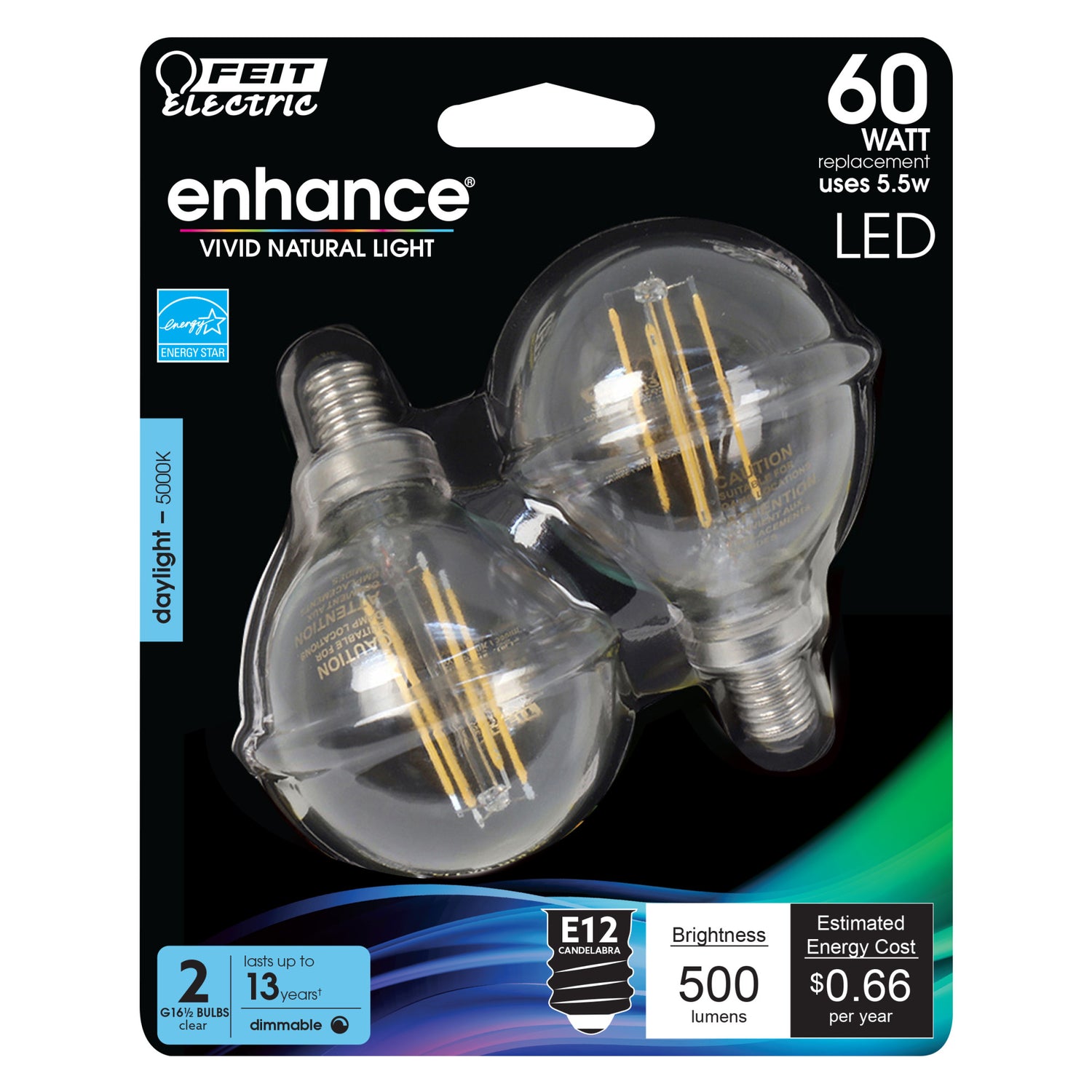 60W Replacement G16 1/2 Daylight Dimmable Enhance Glass Filament Globe LED (2-Pack)