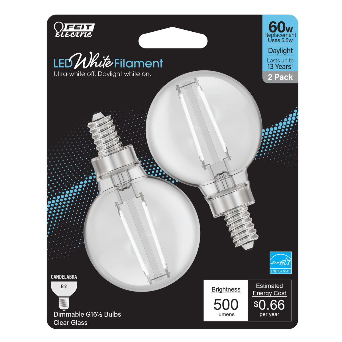 5.5W (60W Replacement) Daylight (5000K) G16 1/2 Globe Shape (E12 Base) Exposed White Filament LED Bulb (2-Pack)
