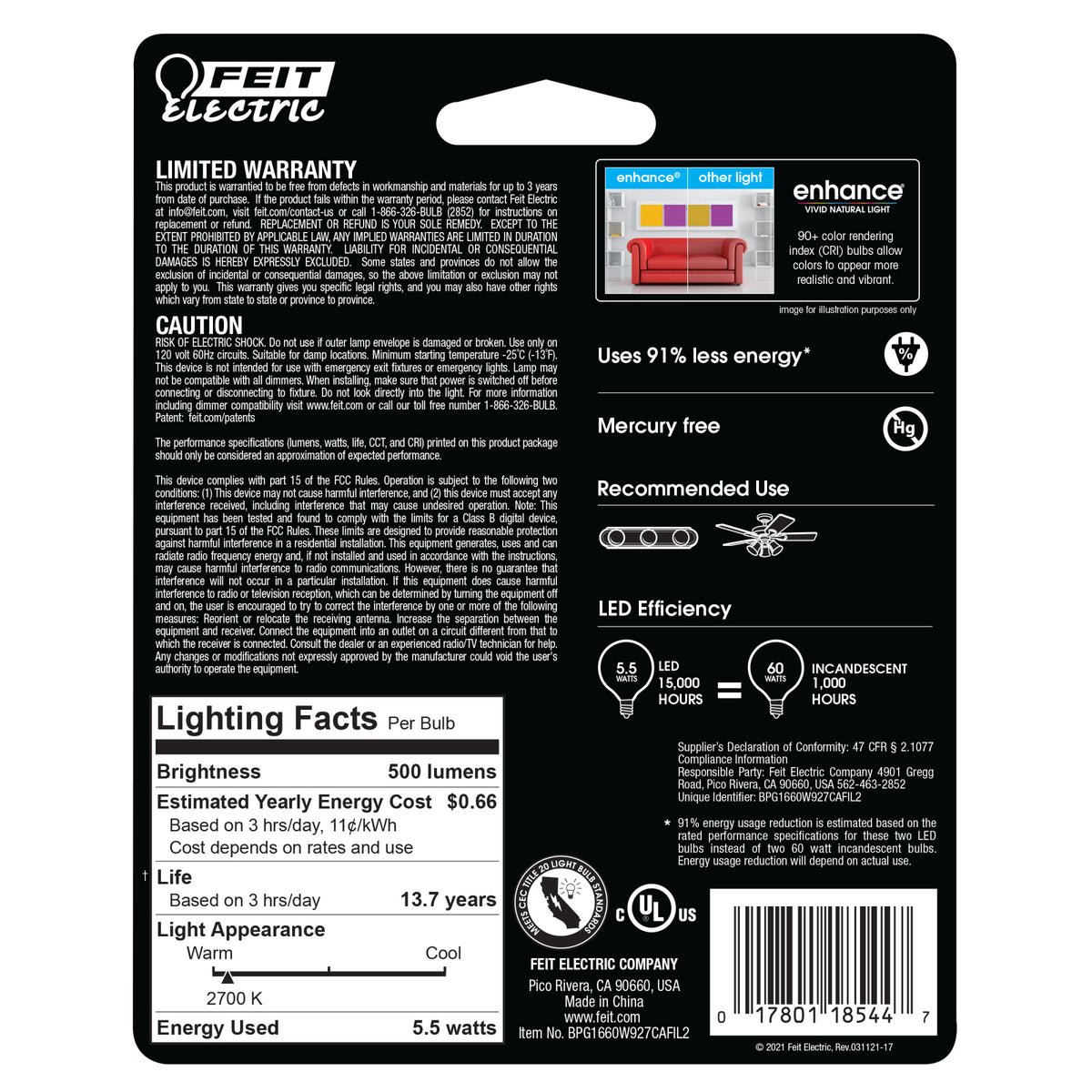 5.5W (60W Replacement) Soft White (2700K)  G16 1/2 (E12 Base) Frost Filament LED Bulb (2-Pack)