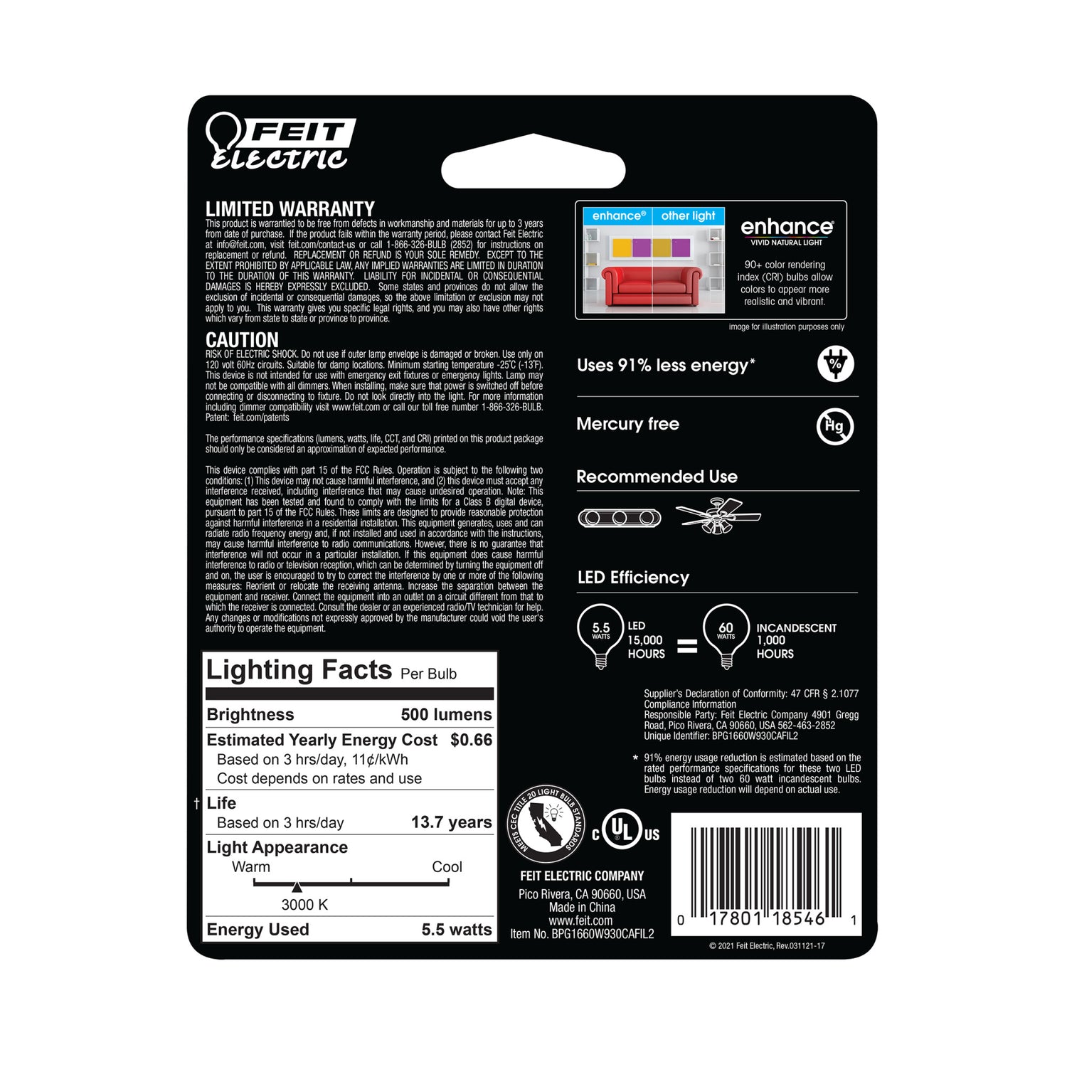 5.5W (60W Replacement) Bright White (3000K) G16 1/2 (E12 Base) Frost Filament LED Bulb (2-Pack)