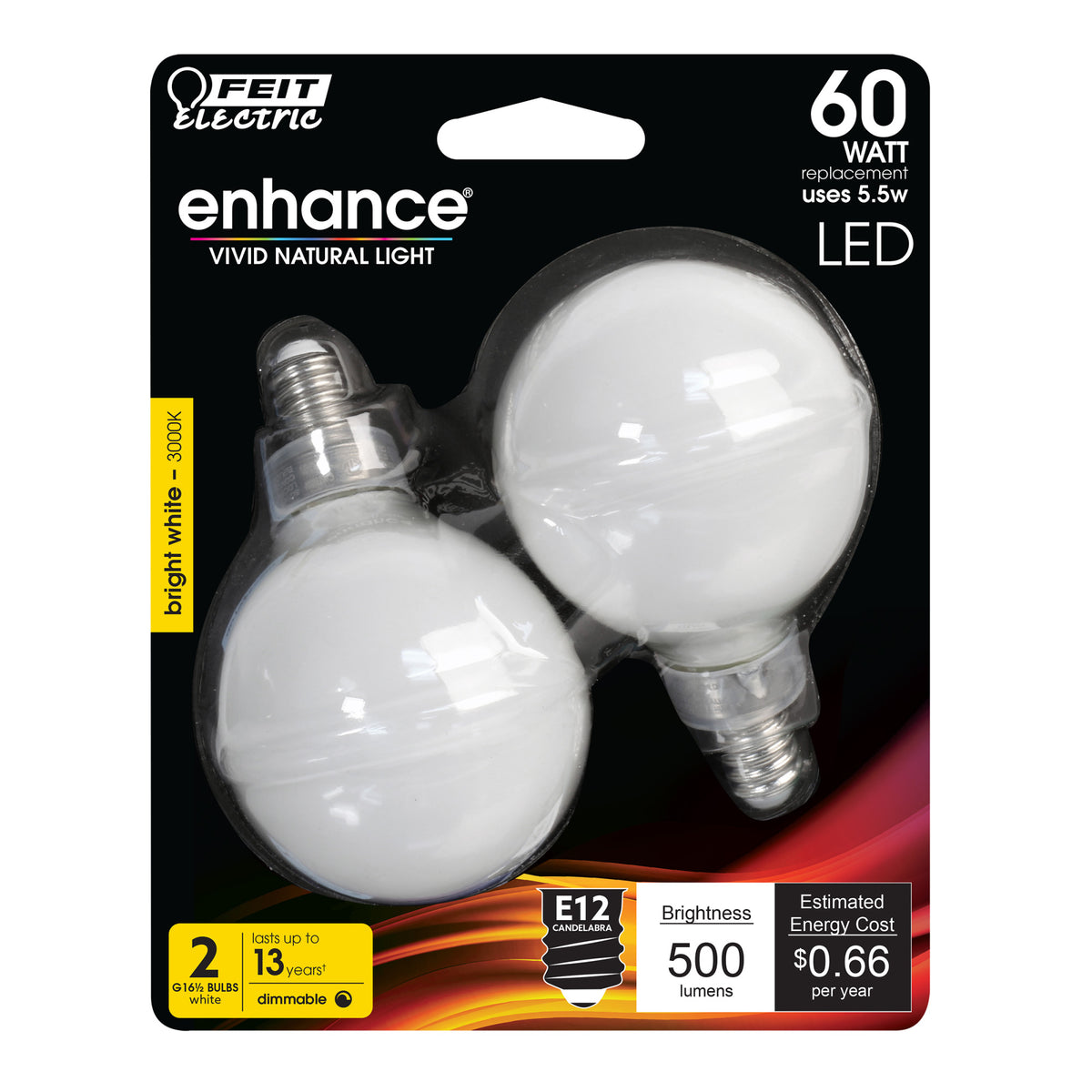 5.5W (60W Replacement) Bright White (3000K) G16 1/2 (E12 Base) Frost Filament LED Bulb (2-Pack)