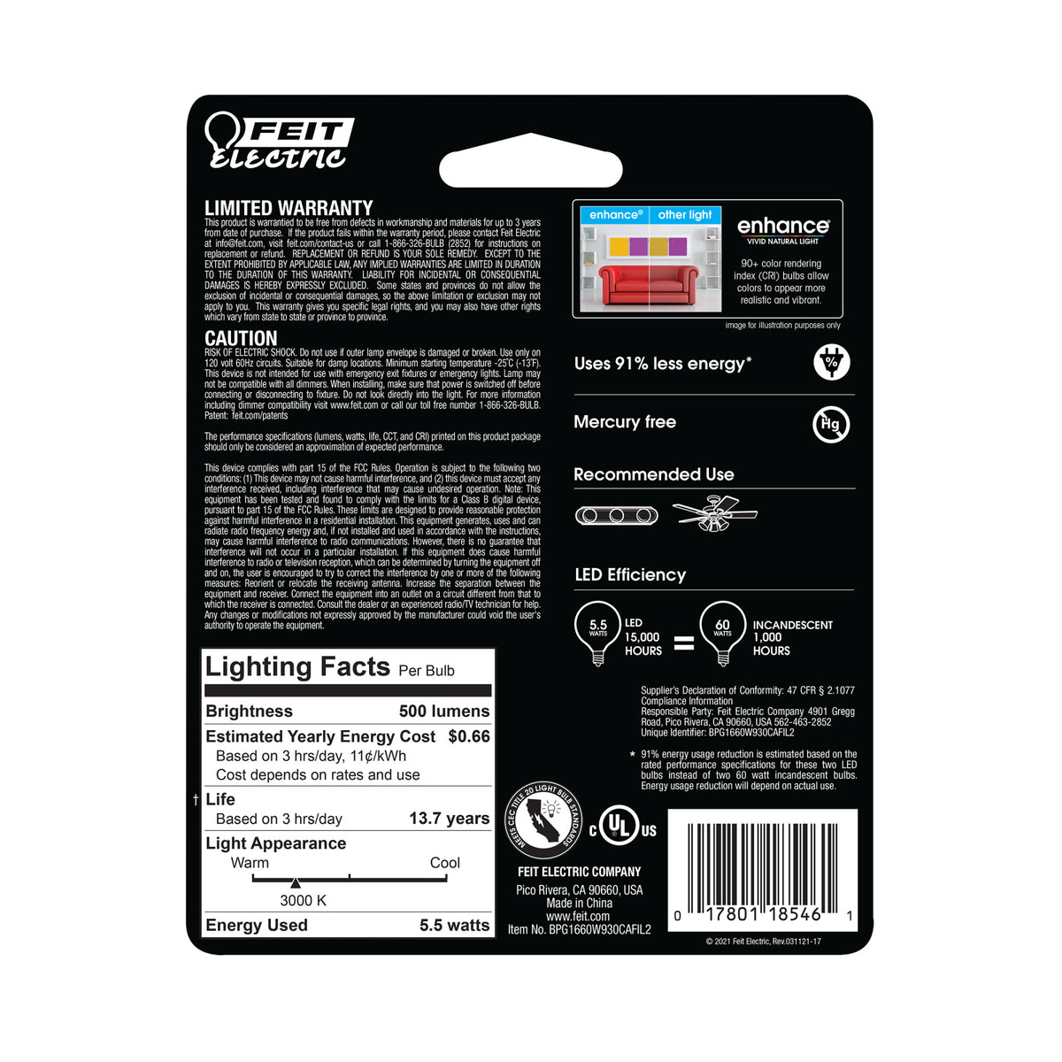 5.5W (60W Replacement) Bright White (3000K) G16 1/2 (E12 Base) Frost Filament LED Bulb (2-Pack)