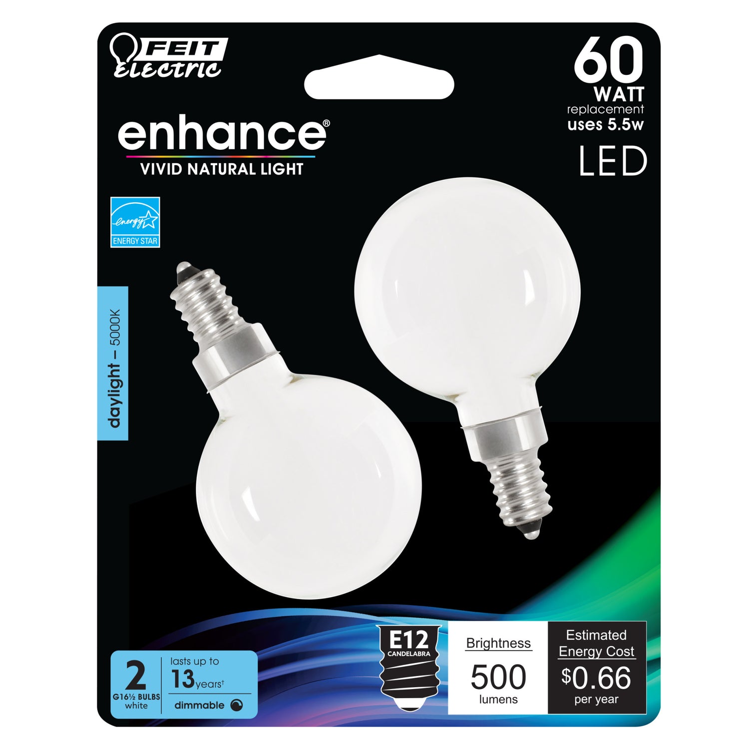 5.5W (60W Replacement) Daylight (5000K) E12 Base G16 1/2 Dimmable Enhance Glass Filament Globe LED Bulb (2-Pack)