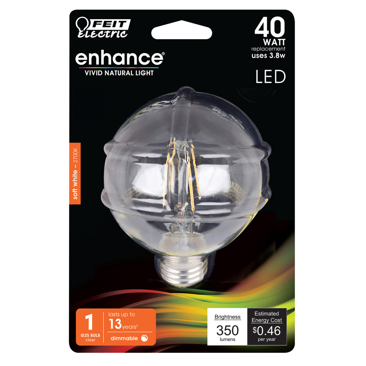 3.8W (40W Replacement)  Soft White (2700K) G25 E26 Base Dimmable Enhance Glass Filament Globe LED