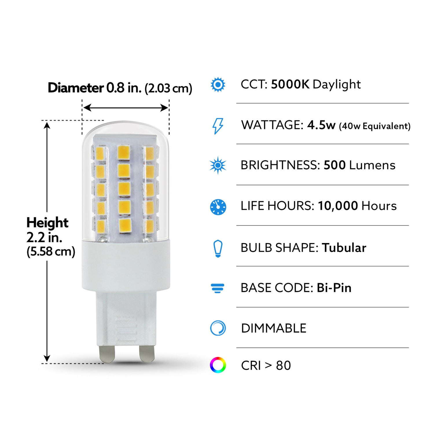 4.5W (40W Replacement) Daylight (5000K) Dimmable G9 Base T4 Specialty LED