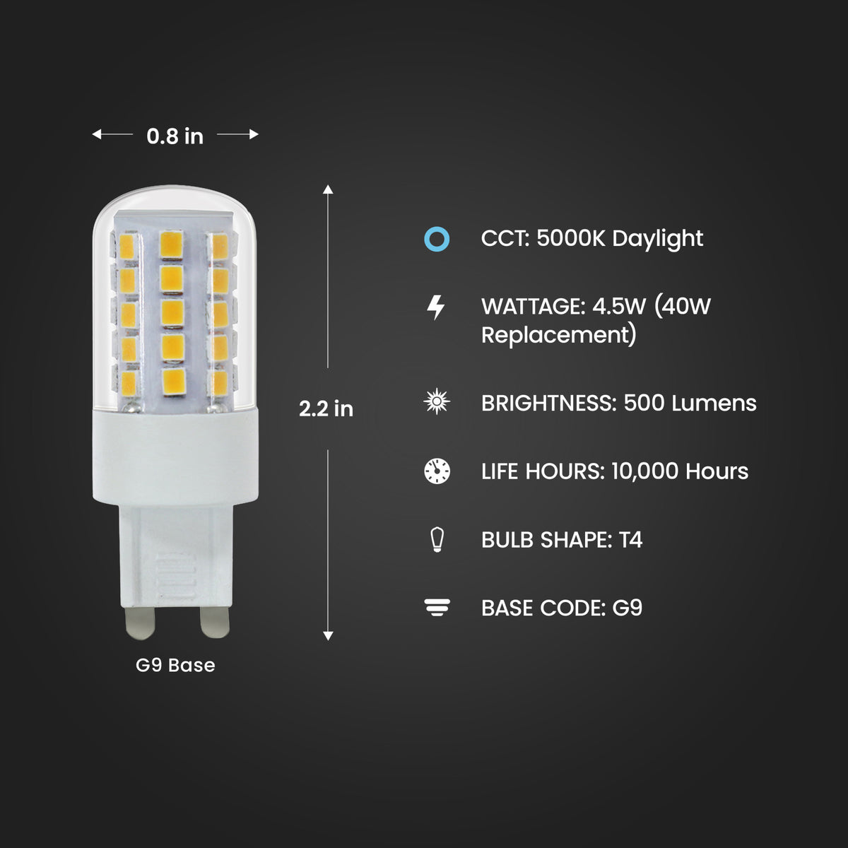 4.5W (40W Replacement) Daylight (5000K) Dimmable G9 Base T4 Specialty LED