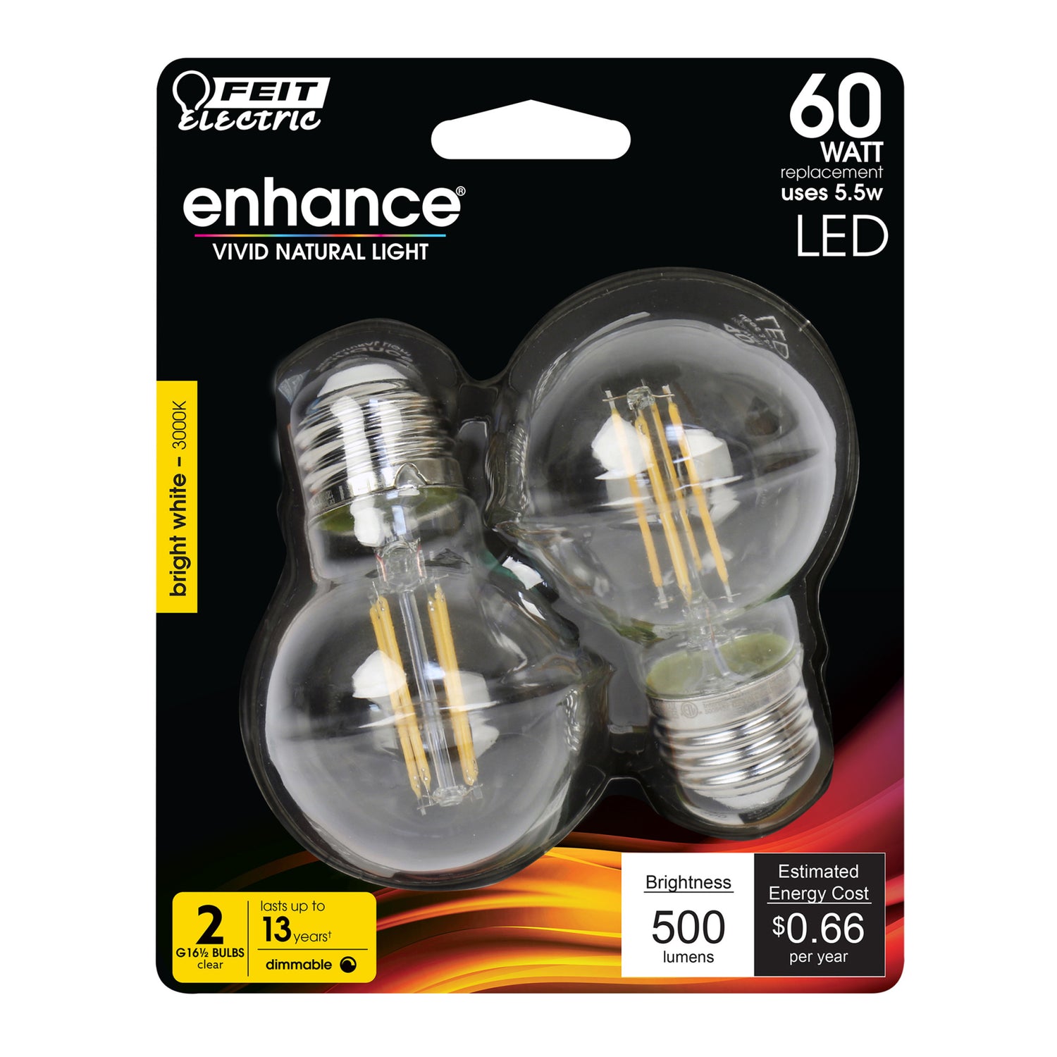 5.5W (60W Replacement) Bright White (3000K) G16 1/2 Filament LED Bulb (2-Pack)
