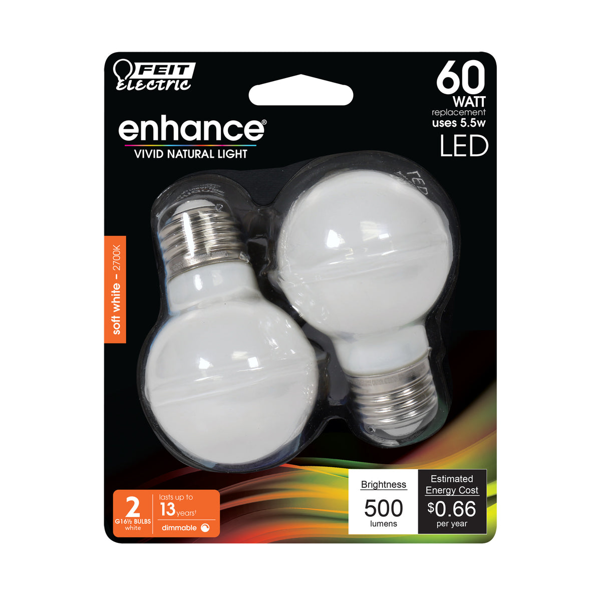 5.5W (60W Replacement) Soft White (2700K) G16 1/2 (E26 Base) Filament LED Bulb (2-Pack)