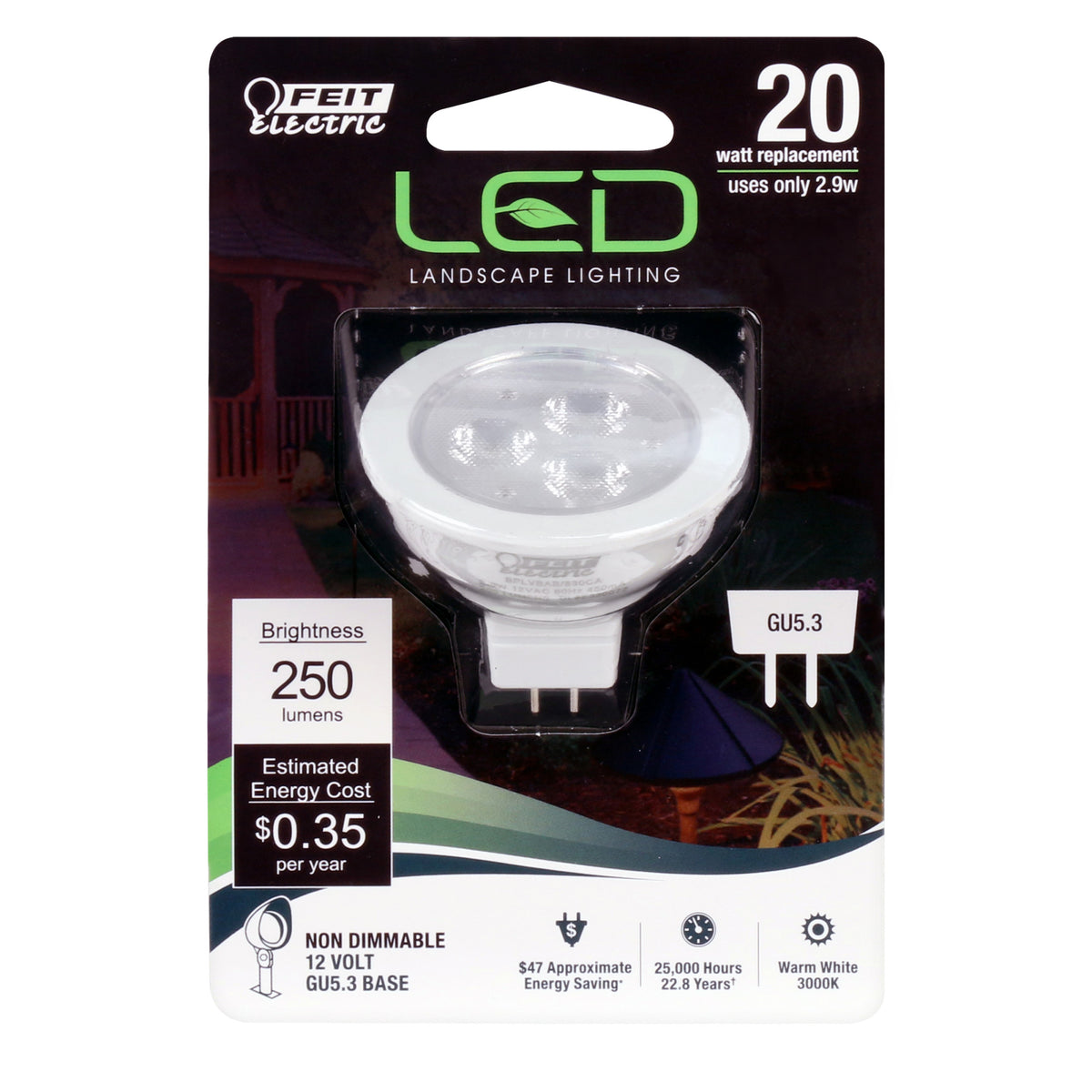 2.9W (20W Replacement) Warm White (3000K)GU5.3 Base MR16 Landscape LED
