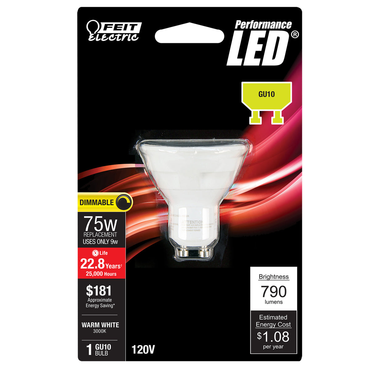 9W (75W Replacement) Warm White (3000K) GU10 Base MR16 Dimmable Reflector LED Light Bulb
