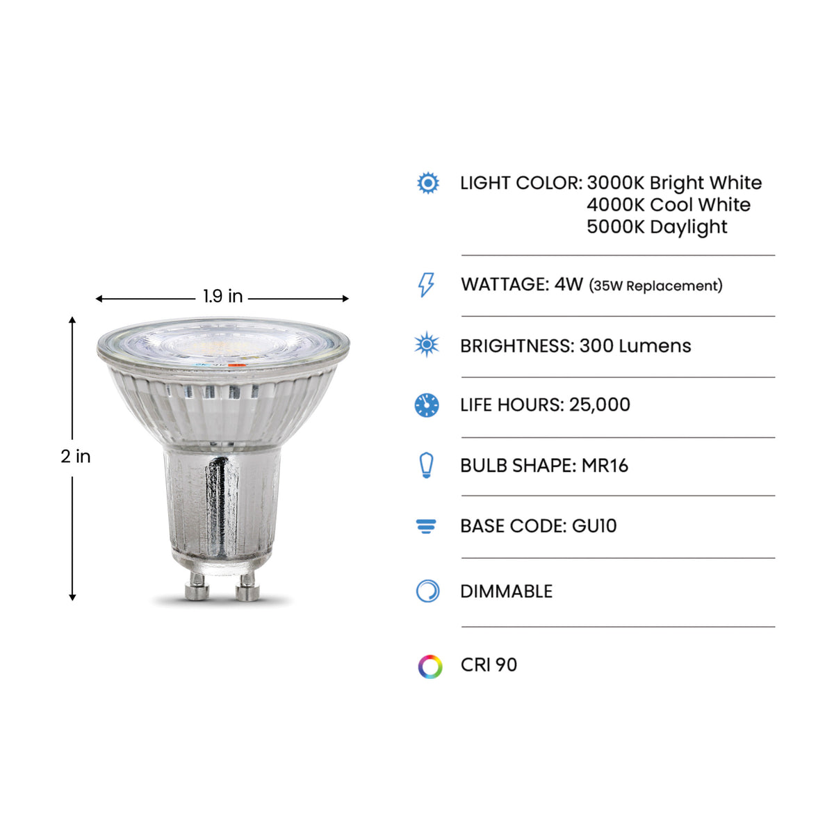 4W (35W Replacement) Adjustable White GU10 MR16 Dimmable Reflector LED Bulb (3-Pack)