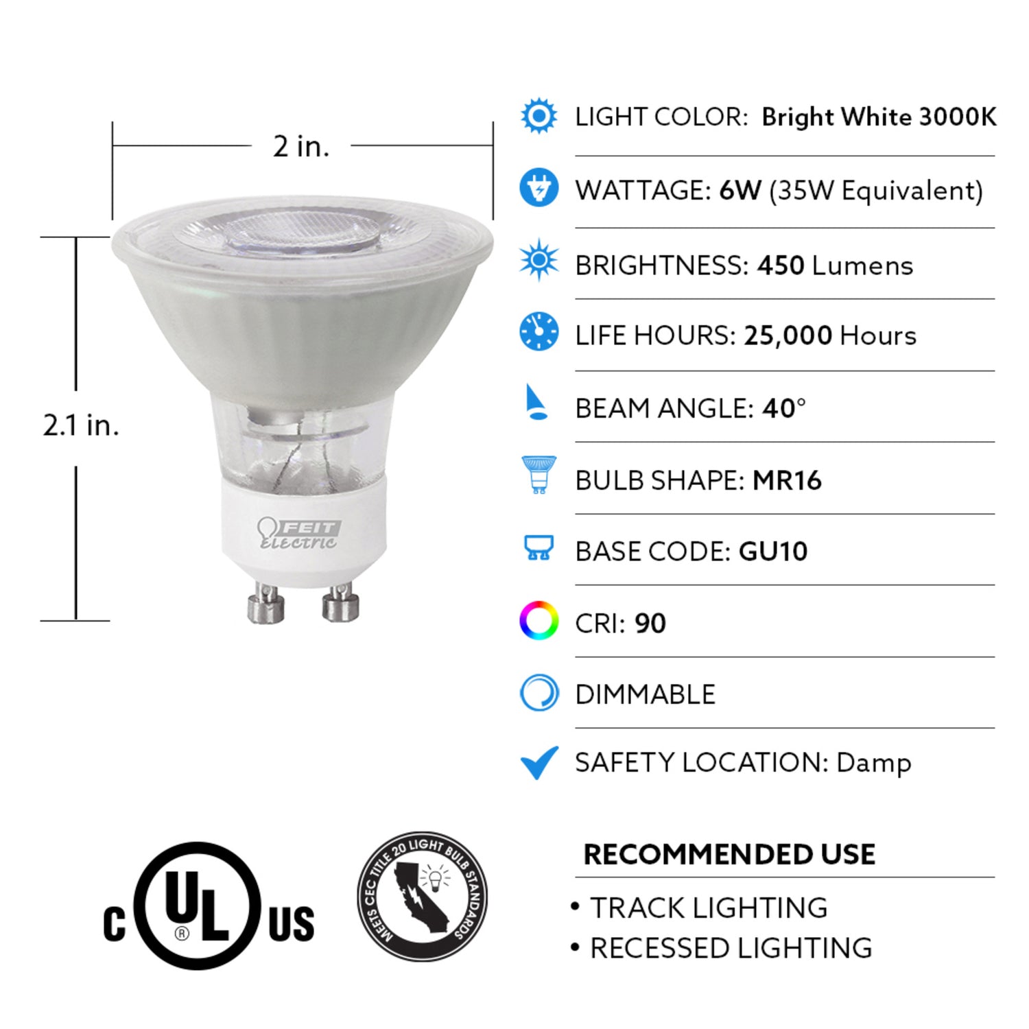 6W (50W Replacement) Bright White (3000K) GU10 Base MR16 Dimmable LED (3-Pack)