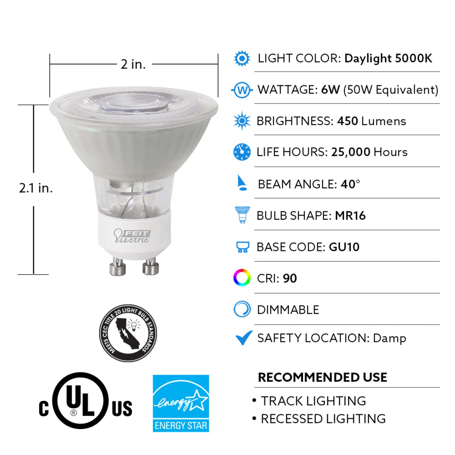 6W (50W Replacement) Daylight (5000K) GU10 Base MR16 Dimmable LED (3-Pack)