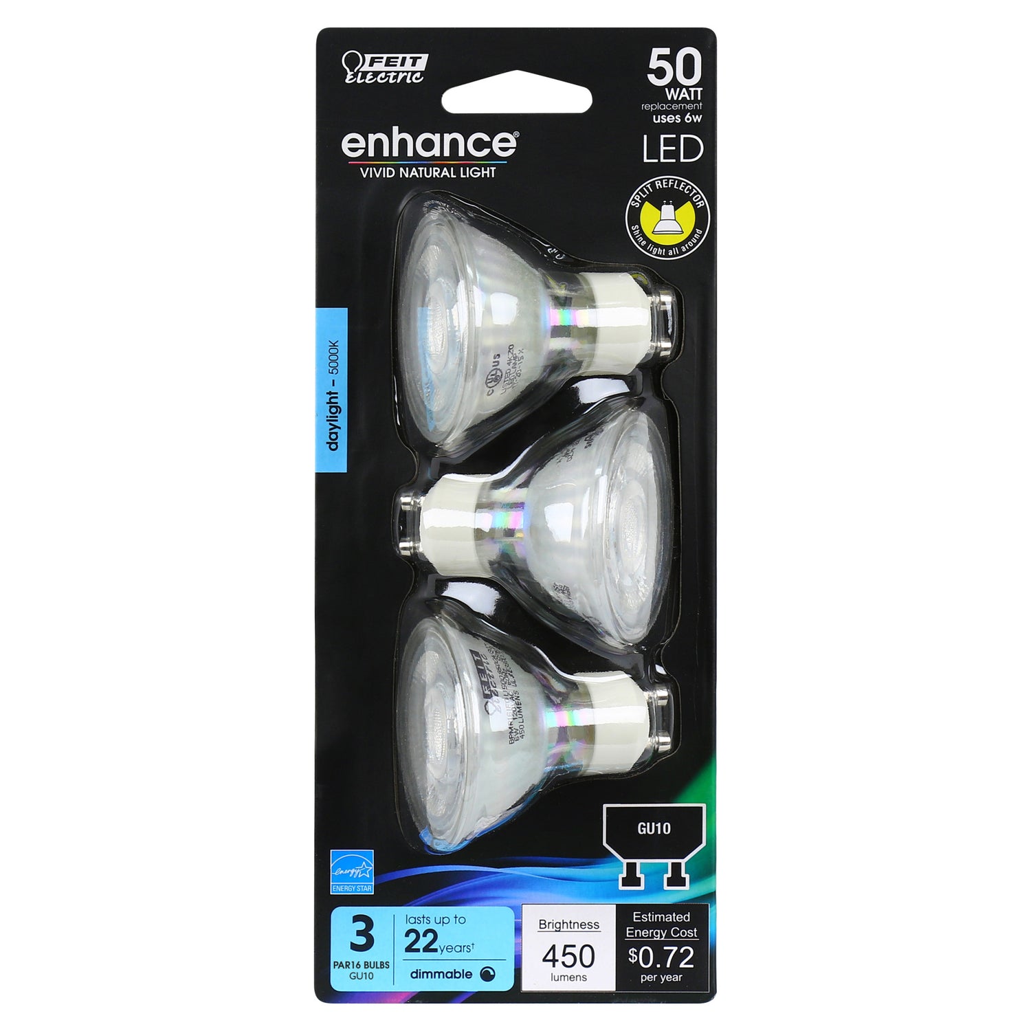 6W (50W Replacement) Daylight (5000K) GU10 Base MR16 Dimmable LED (3-Pack)