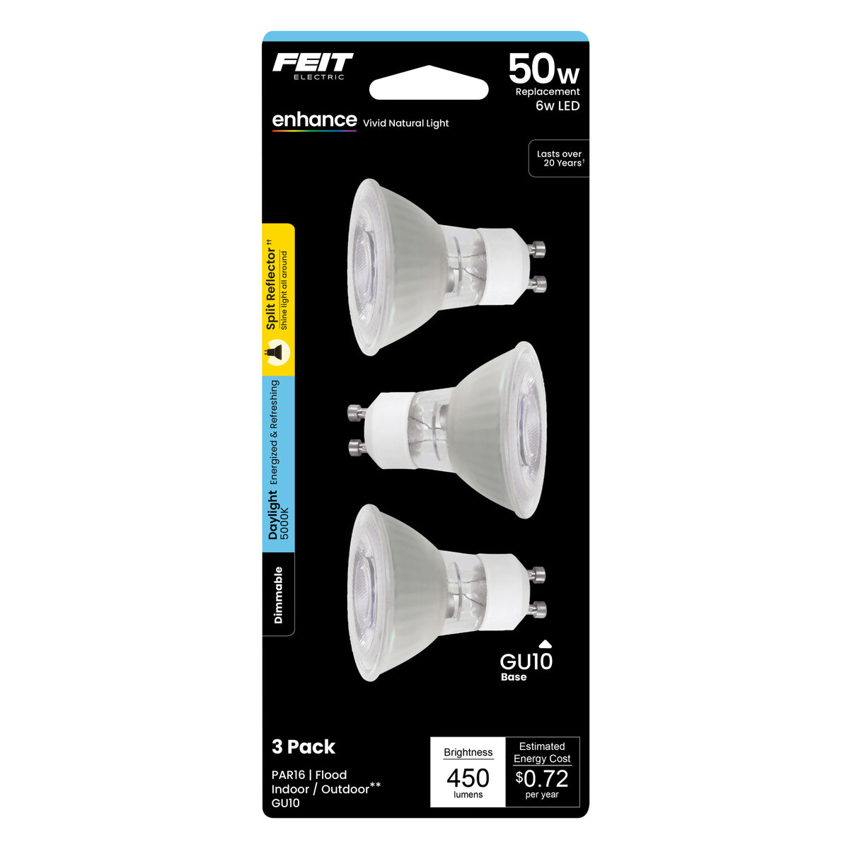 6W (50W Replacement) Daylight (5000K) GU10 Base MR16 Dimmable LED (3-Pack)