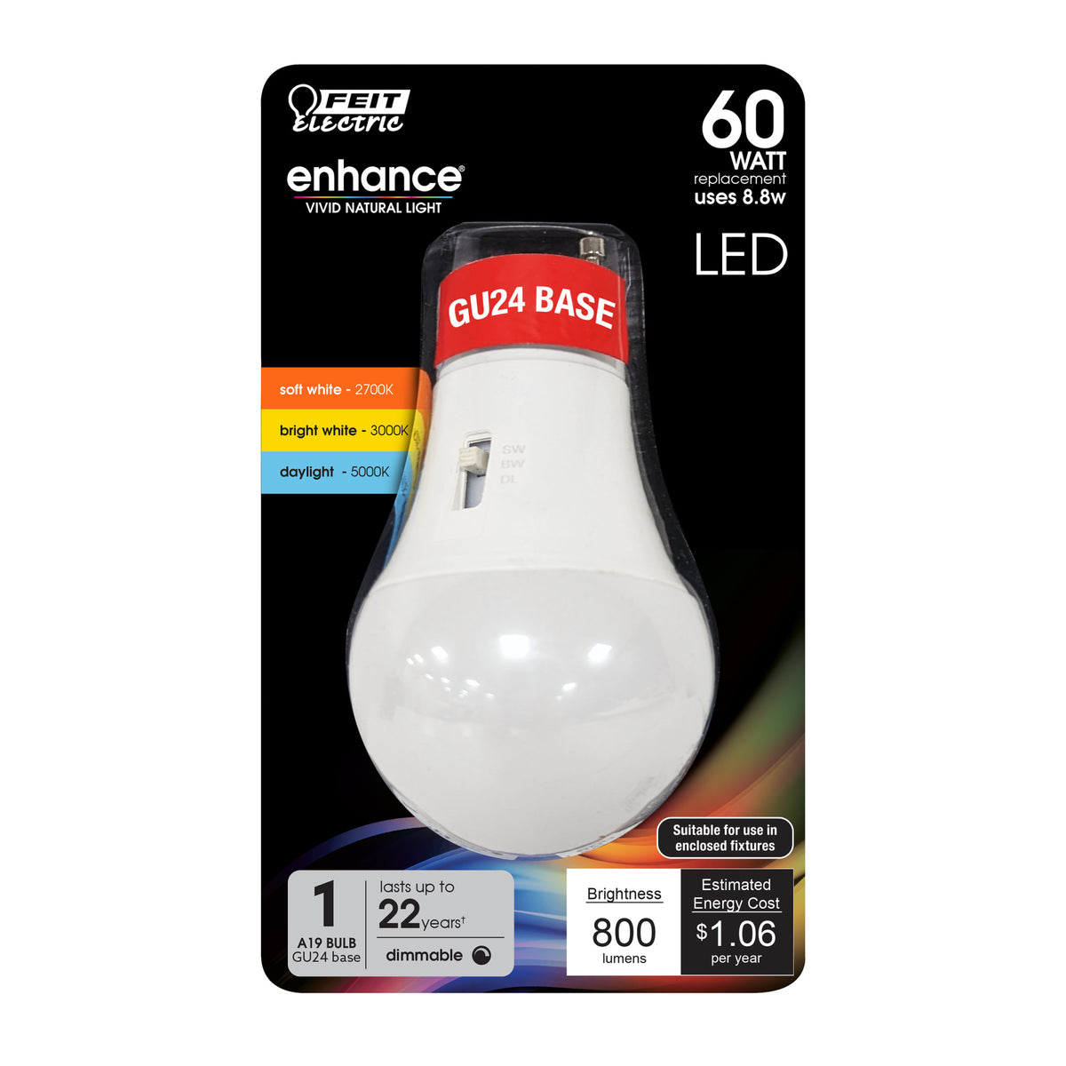 8.8W (60W Replacement) Adjustable White (3CCT) A19 GU24 Base Dimmable Enhance LED Bulb