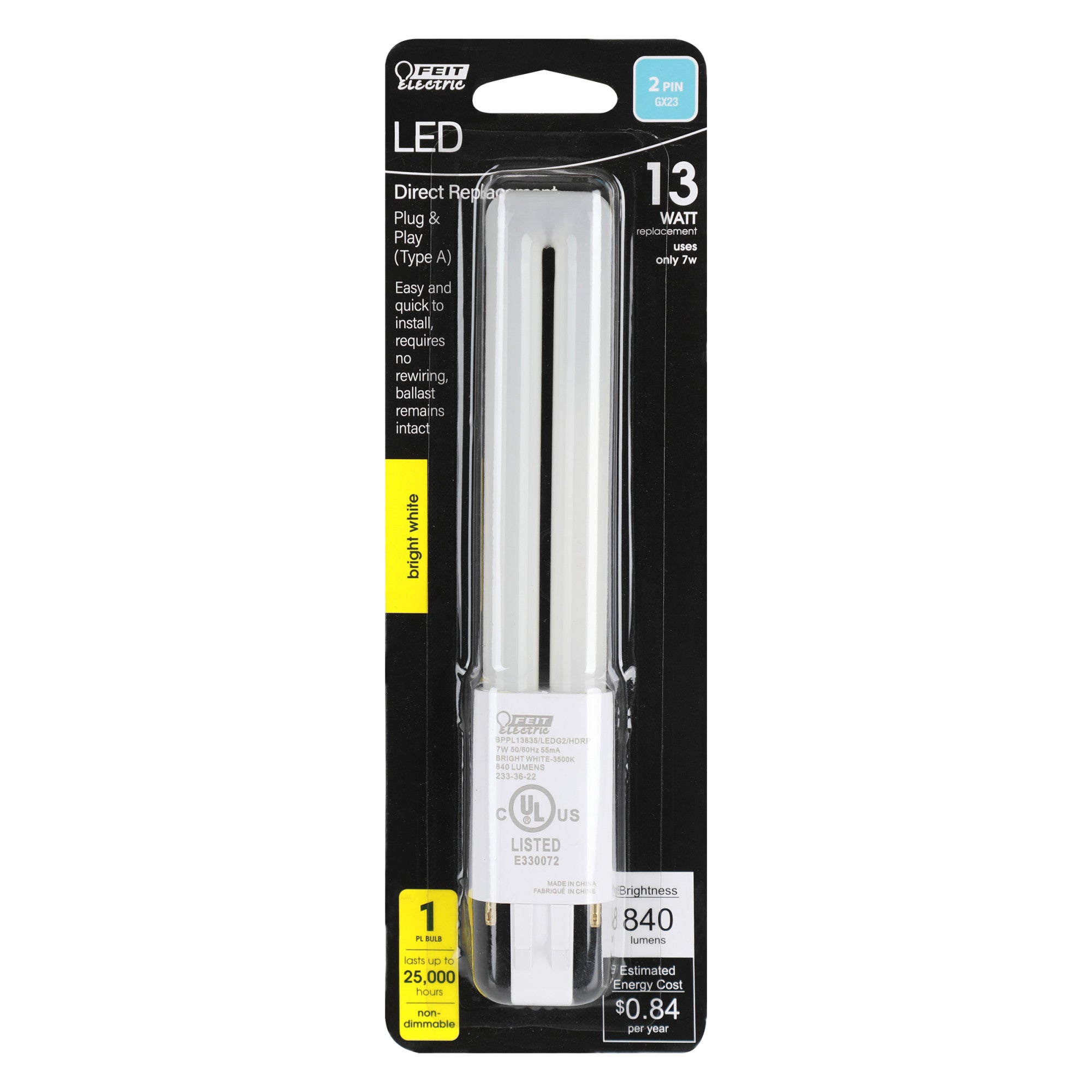 7W Bright White (3500K) PL Shape GX23 Base Direct Replacement
