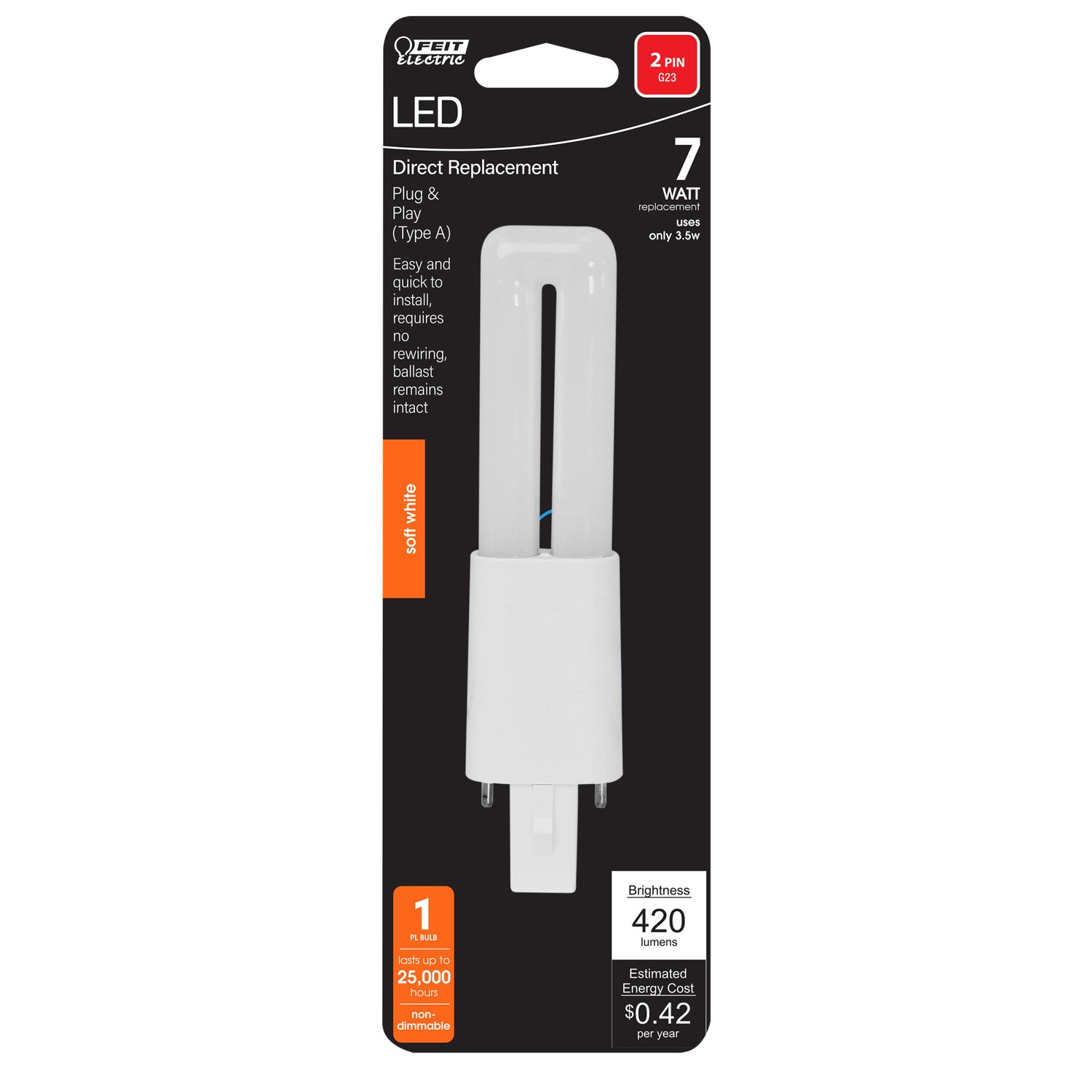 3.5 W (7W Equivalent) Soft White (2700K) PL G23 Base Direct Replacement (Type A) Twin Tube LED Light Bulb