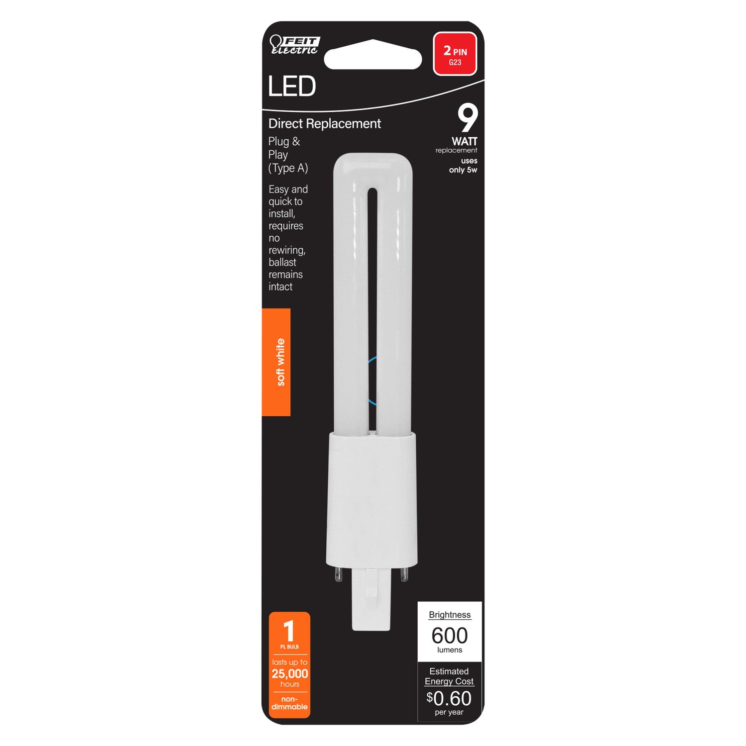 5W (9W Equivalent) Soft White (2700K) PL G23 Base Direct Replacement (Type A) Twin Tube LED Light Bulb