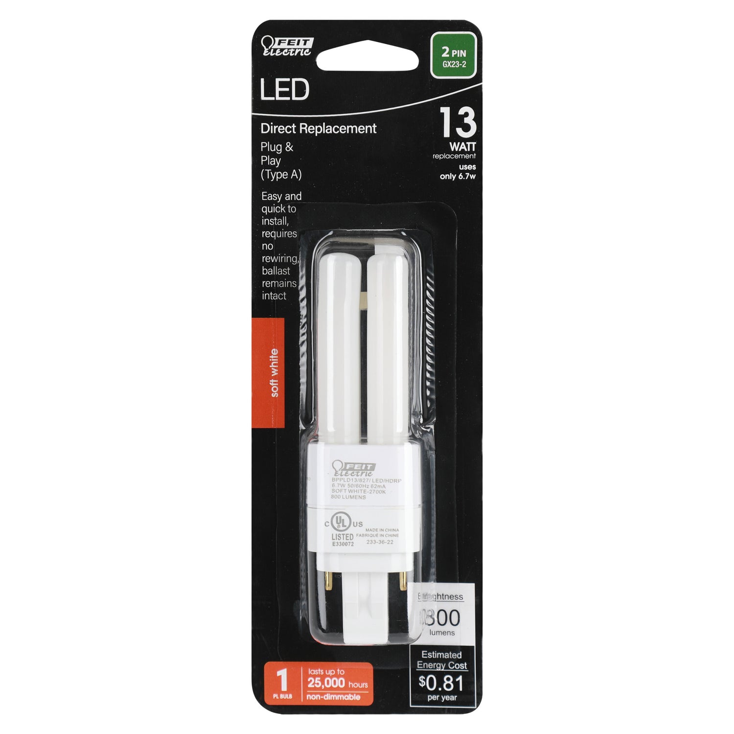 6.7W (13W Equivalent) Soft White (2700K) GX23-2 Base Direct Replacement (Type A) (PL Replacement) Quad Tube LED Light Bulb