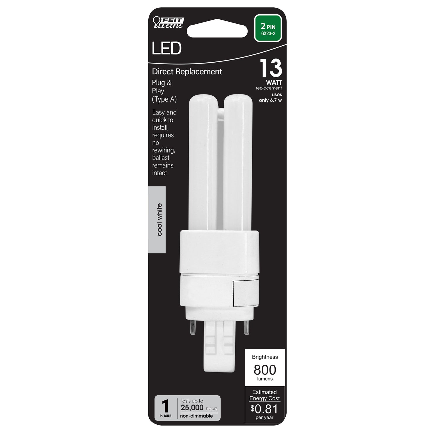6.7W (13W Equivalent) Cool White (4000K) GX23-2 Base Direct Replacement (Type A) Double Twin Tube PL LED Bulb
