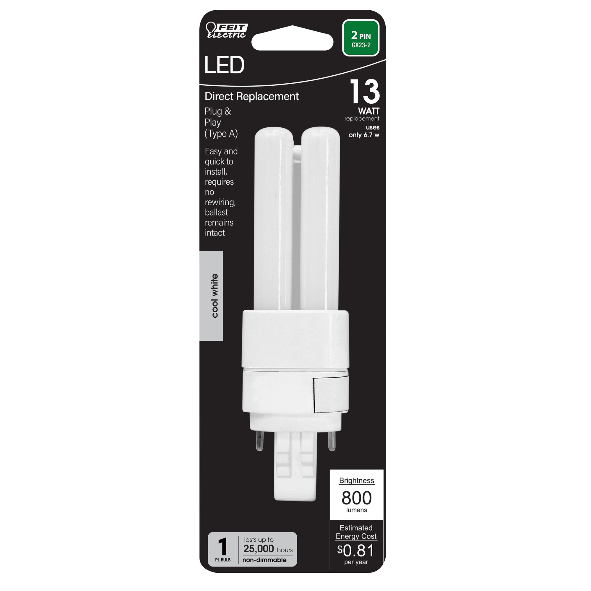6.7W (13W Equivalent) Cool White (4000K) GX23-2 Base Direct