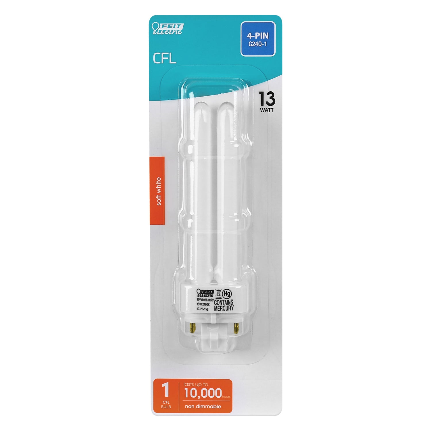 13W Soft White (2700K) PLD Double Twin Tube G24Q-1 Base Compact Fluorescent Light Bulb