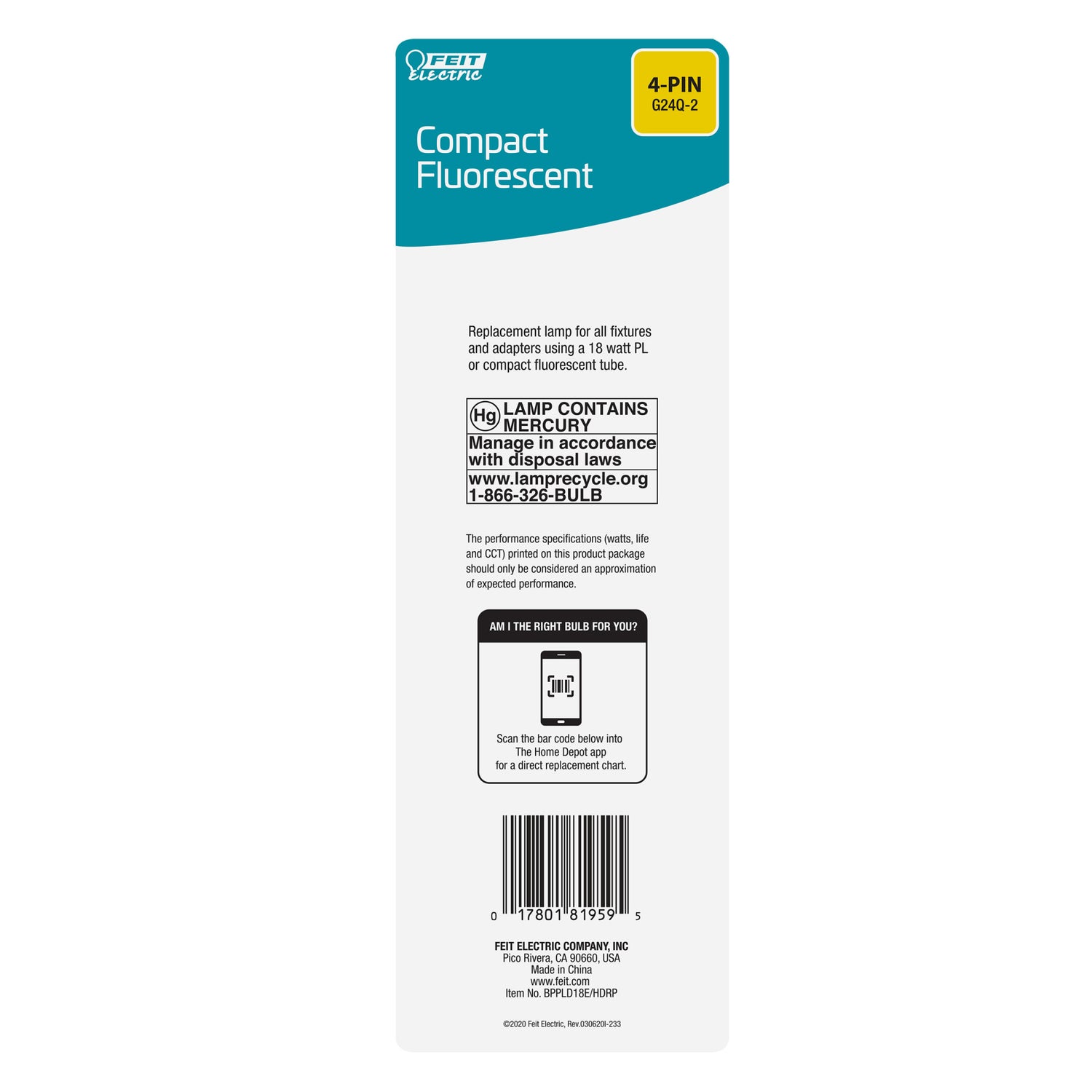 18W Soft White (2700K) G24Q-2 Double Twin Tube PL Non-Dimmable CFL Light Bulb