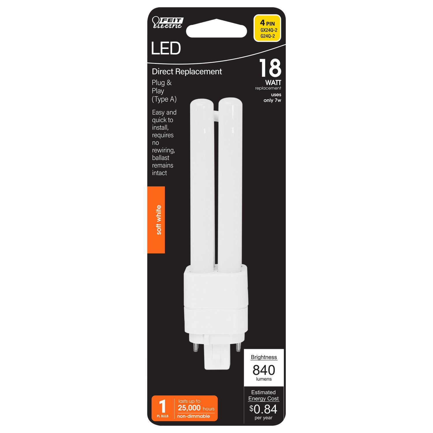 7W (18W Replacement) Soft White (2700k) G24q-2 Base Direct Replacement (Type A) Double Twin Tube PL LED Bulb