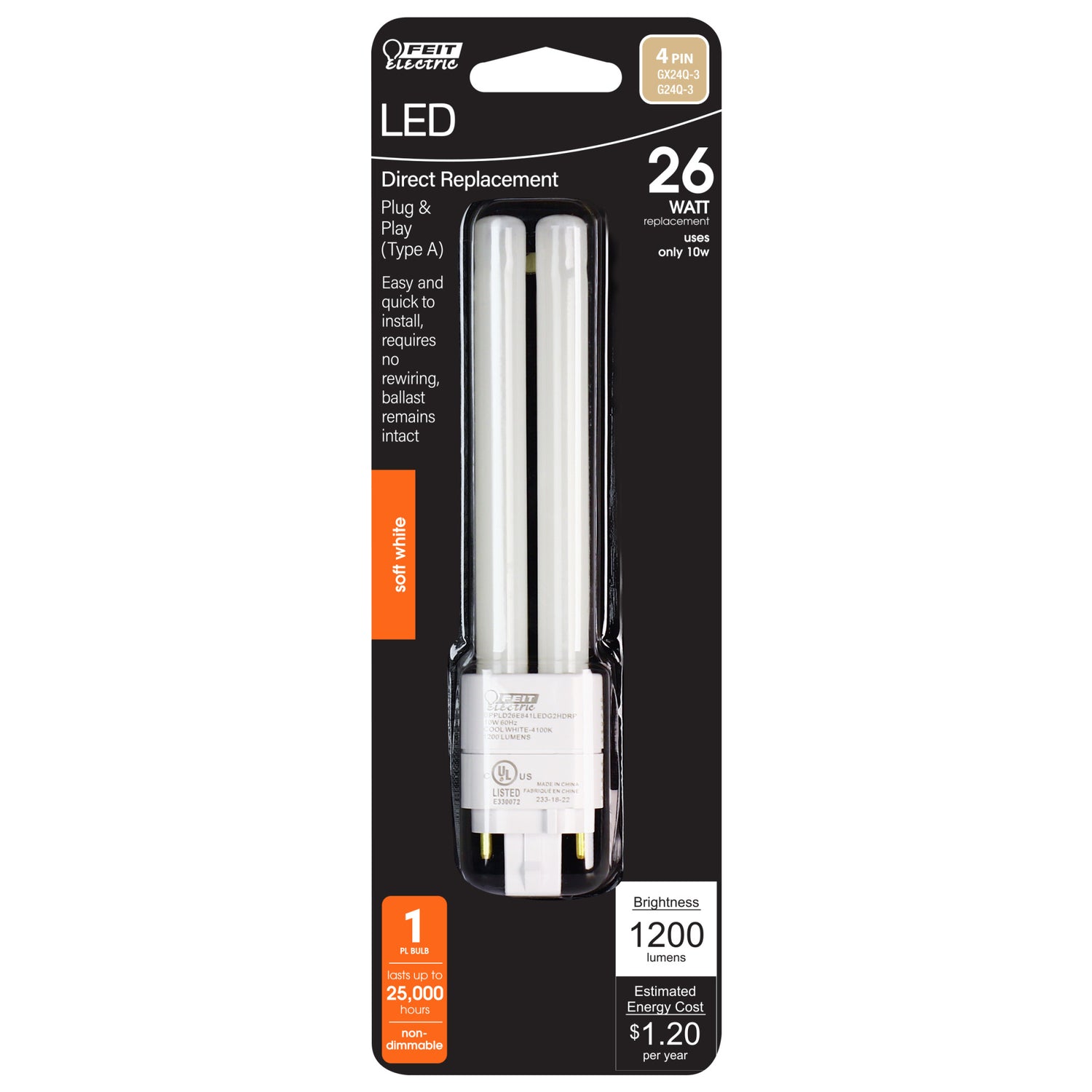 10W (26W Replacement) Soft White (2700K) G24Q-3 4-PIN Direct Replacement (Type A) PL Replacement LED Bulb