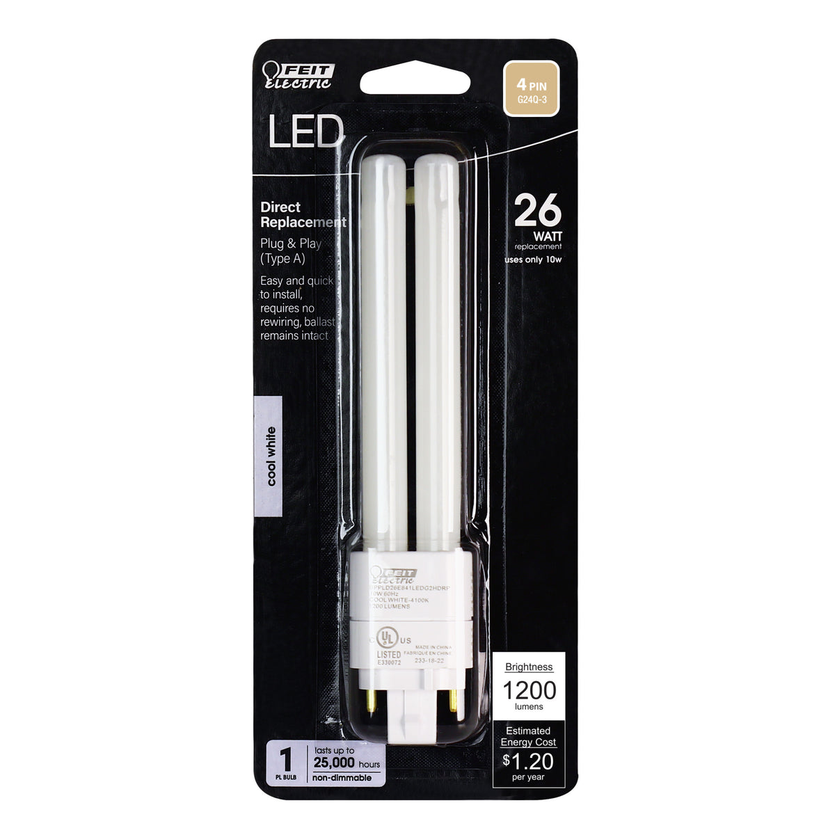 10W (26W Replacement) Cool White (4100K) G24q-3 Base Direct Replacement (Type A) PL LED Light Bulb