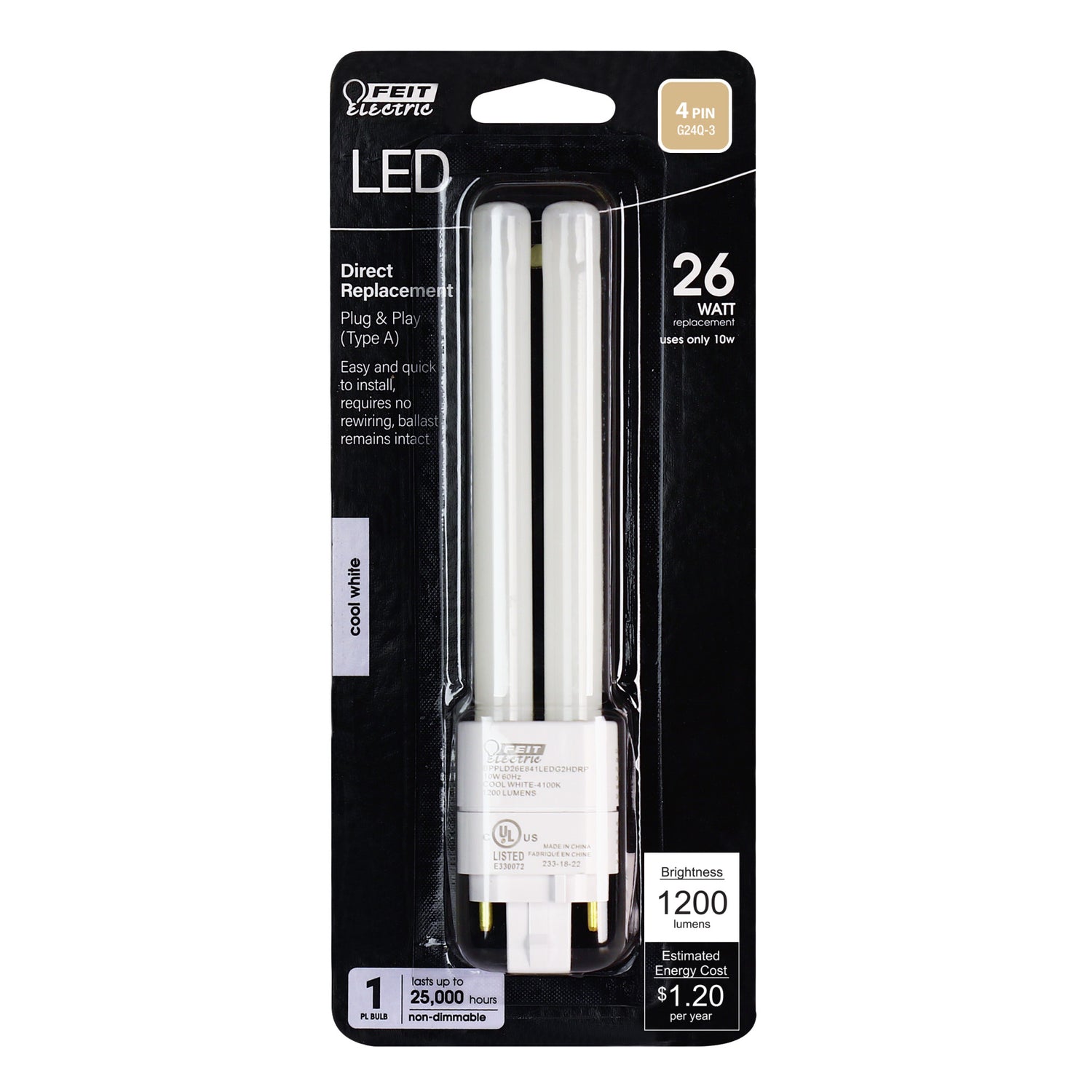 10W (26W Replacement) Cool White (4100K) G24q-3 Base Direct Replacement (Type A) PL LED Light Bulb