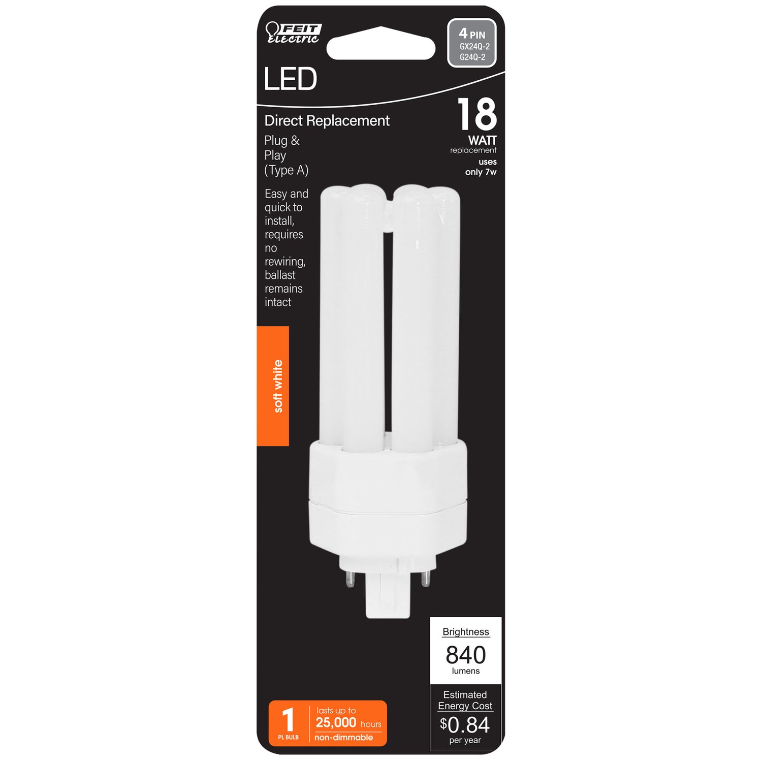 7W (18W Equivalent) Soft White (2700K) GX24Q-2 Base Direct Replacement (Type A) Triple Tube PL LED Bulb