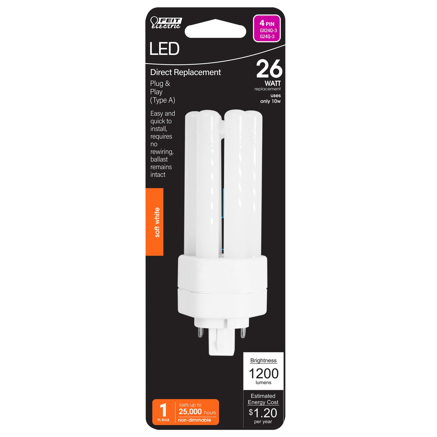 10W (26W Equivalent) Soft White (2700K) GX24q-3 Base Direct Replacement (Type A) Triple Tube PL LED Light Bulb