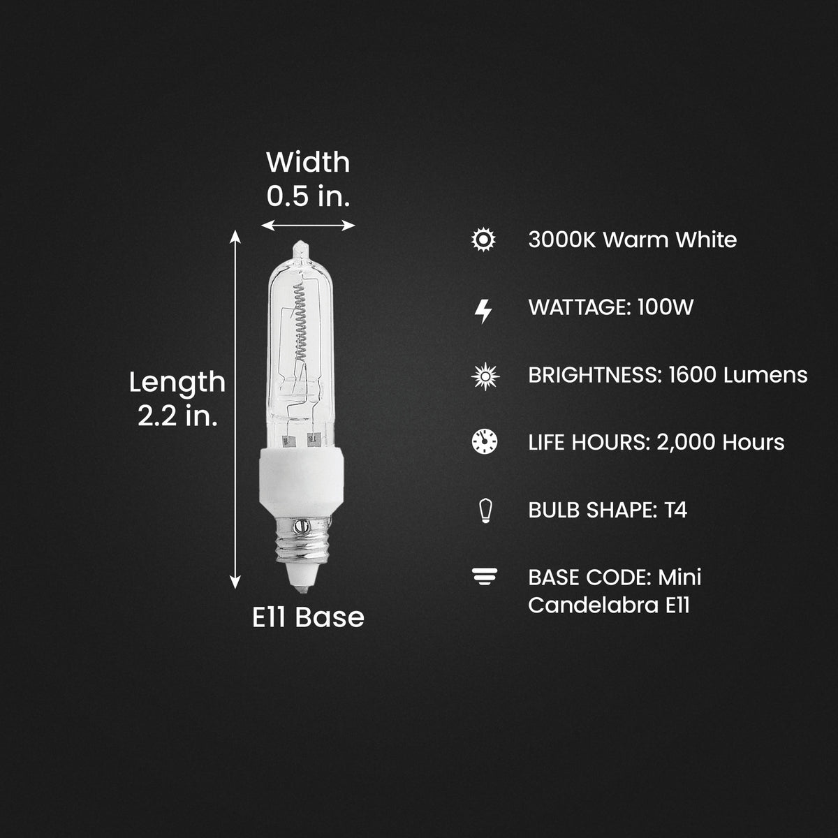100W Warm White (3000K) Mini Candelabra E11 Base (T4 Replacement) Halogen Light Bulb