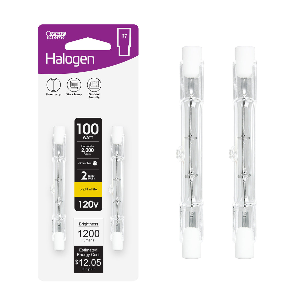 100W Bright White (2700k) T3 (R7S Base) Double Ended Dimmable Halogen Replacement Light Bulb (2-Pack)