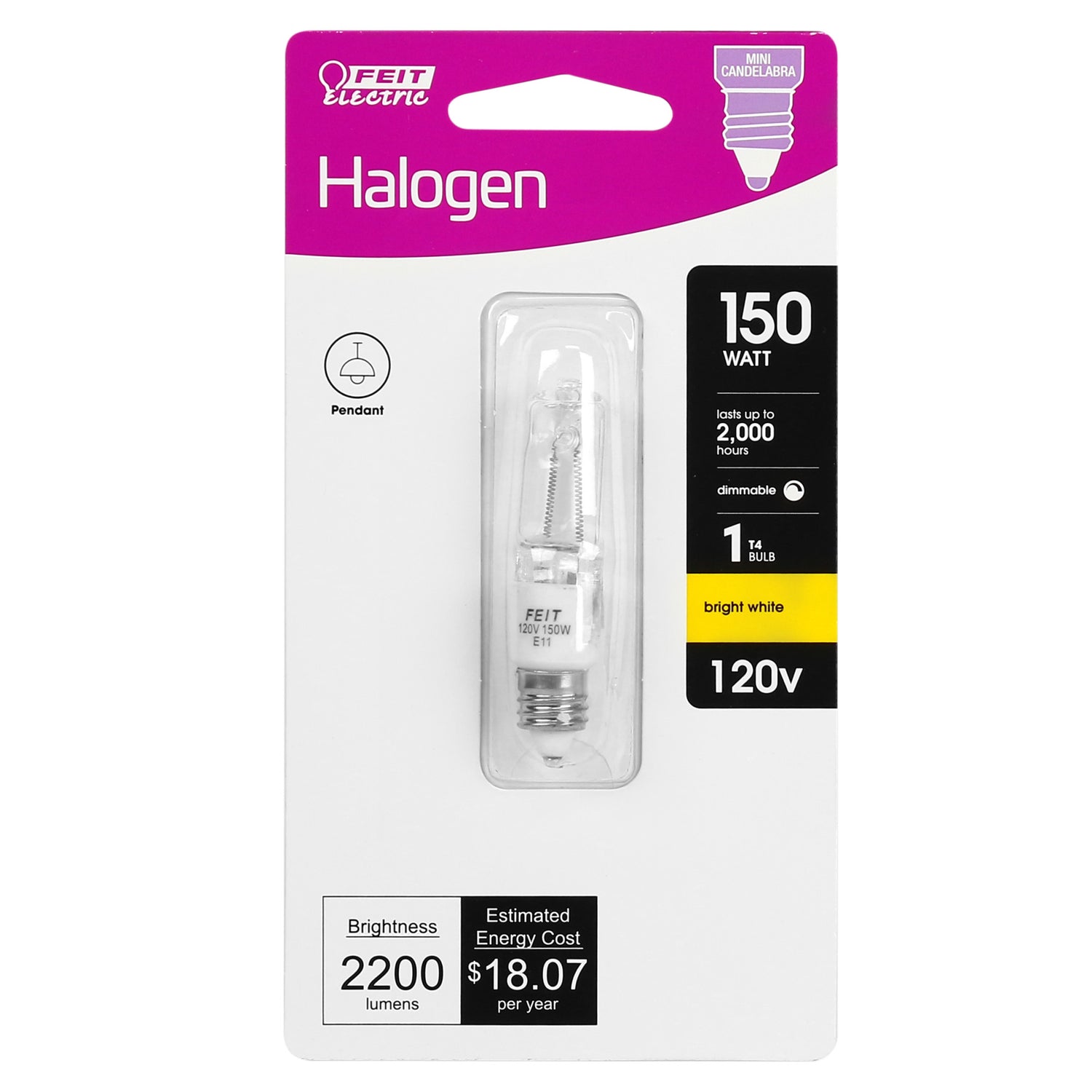 150W Bright White (2800K) Mini Candelabra E11 Base (T4 Replacement) Halogen Light Bulb