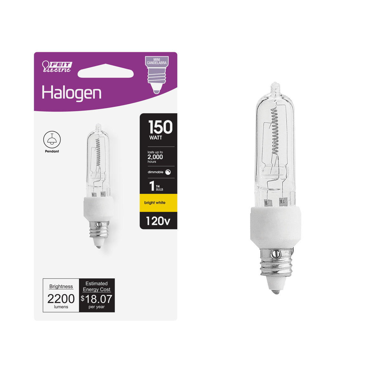 150W Bright White (2800K) Mini Candelabra E11 Base (T4 Replacement) Halogen Light Bulb