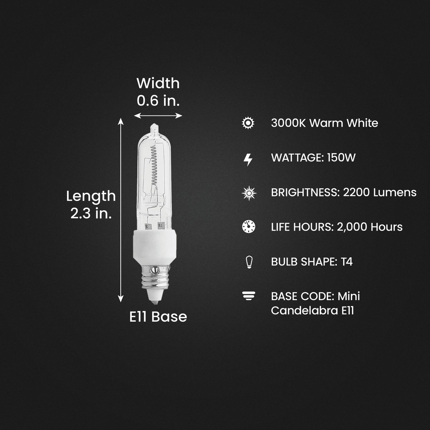150W Warm White (3000K) Mini Candelabra E11 Base (T4 Replacement) Halogen Light Bulb