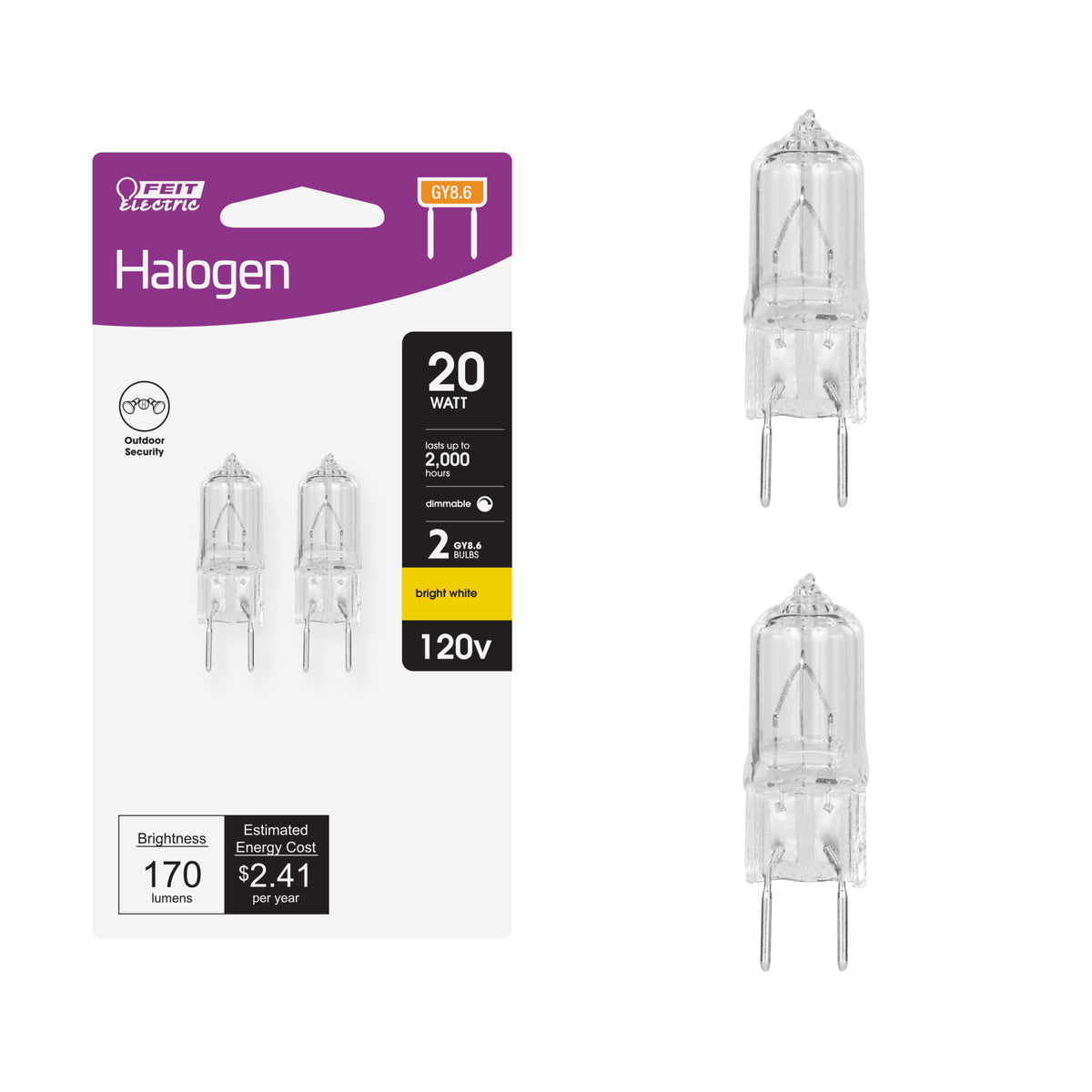 20W Bright White (2700K) GY8.6 Base (T4 Replacement) Halogen Light Bulb (2-Pack)