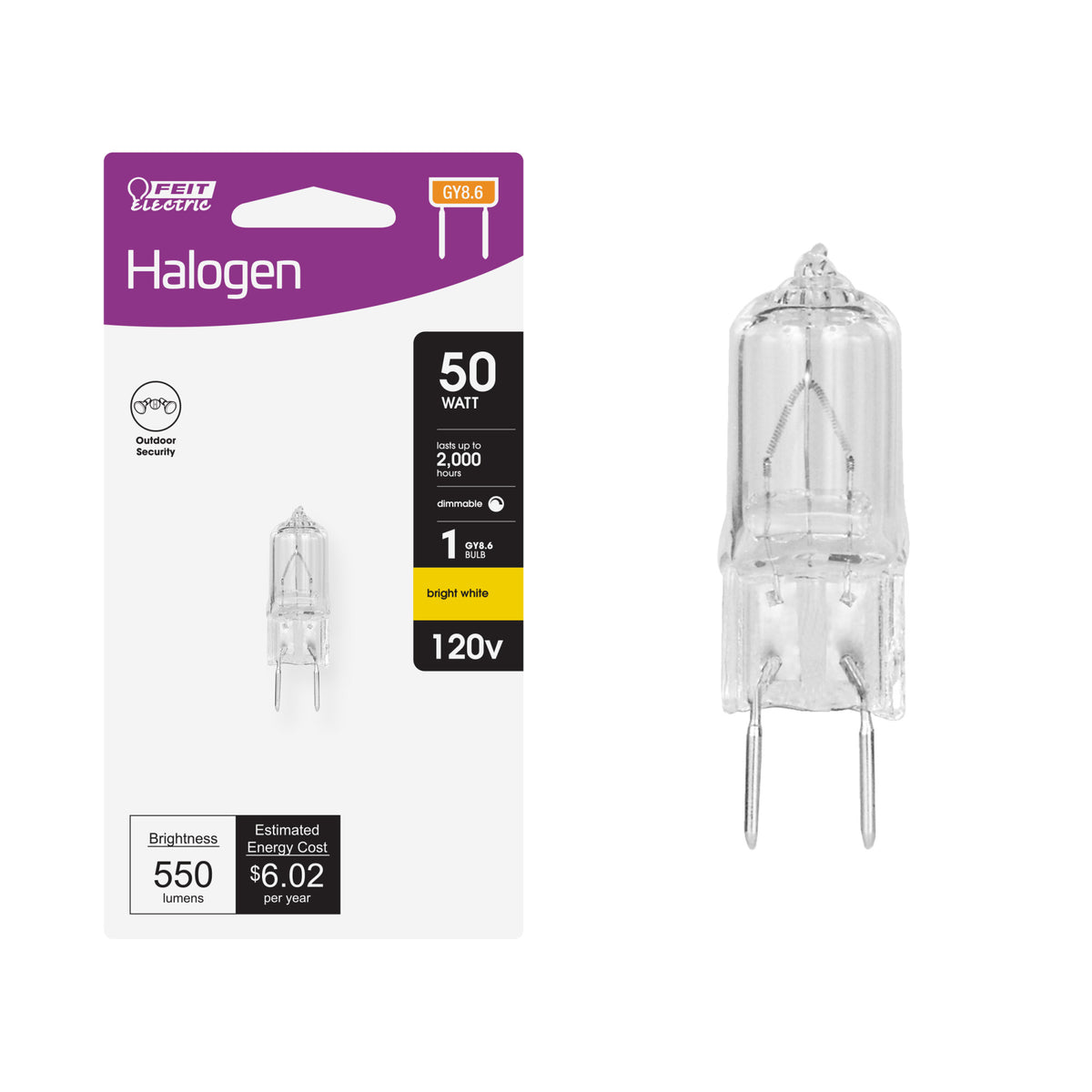50W Bright White (3000K) Bi-Pin GY8.6 Base (T4 Replacement) Halogen Replacement Light Bulb