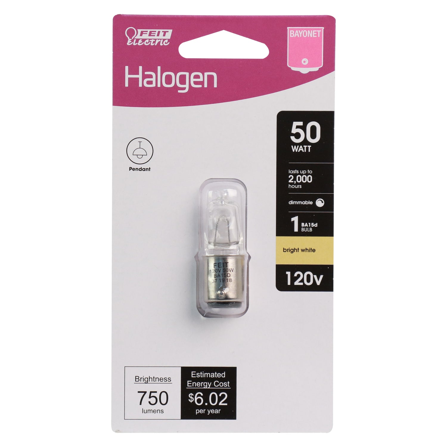 50W Bright White (3000K) BA15D D.C. Bayonet Base (T4 Replacement) Halogen Replacement Light Bulb