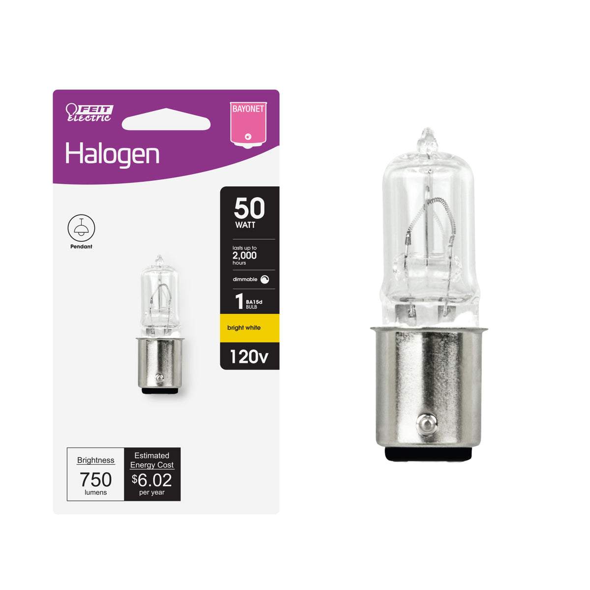 50W Bright White (3000K) BA15D D.C. Bayonet Base (T4 Replacement) Halogen Replacement Light Bulb