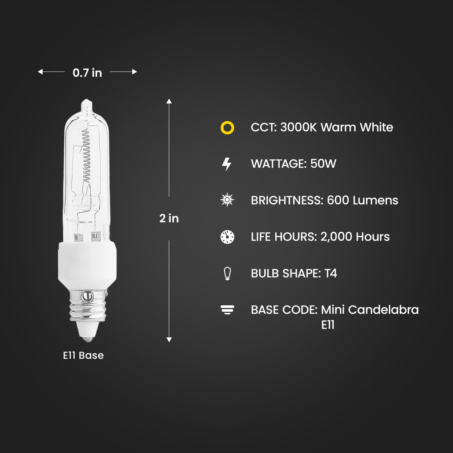 50W Warm White (3000K) E11 Base (T4 Replacement) Halogen Replacement Light Bulb